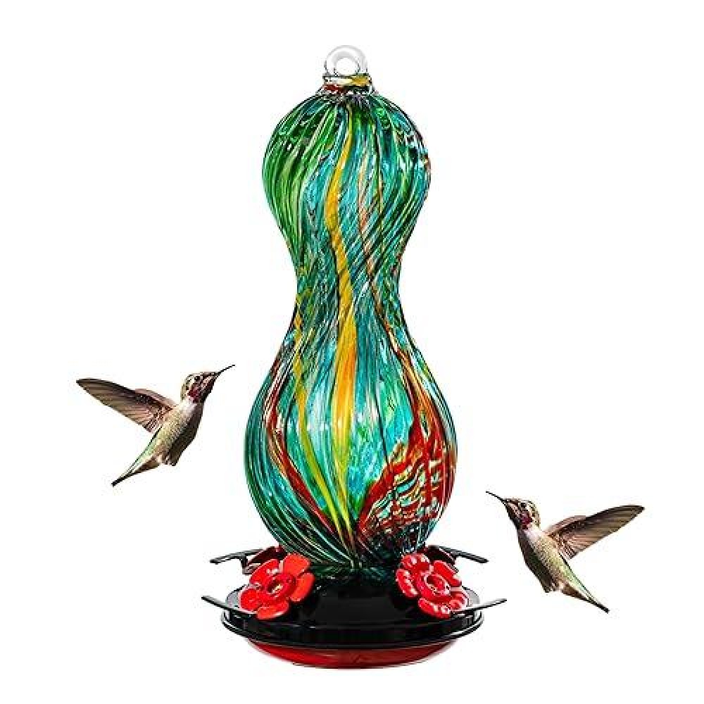 Hummingbird Feeder For Outdoors Hanging Hand Blown Glass 24 Oz Capacity Hummingbird Bird Nectar Feeders With 4 Feeding Ports G