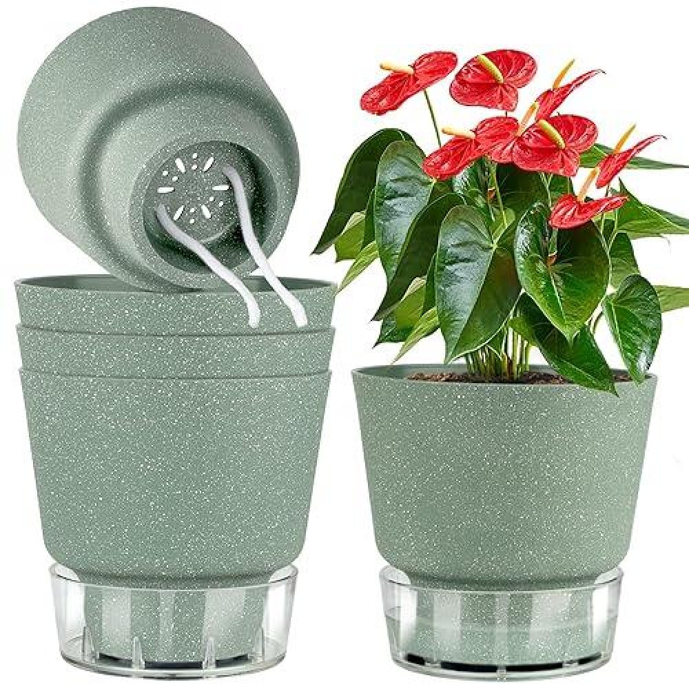 Qrrica Plant Pots 6 Inch Self Watering Pots  5 Pack Flower Pots Outdoor Indoor  Planters With Drainage Hole And Tray Saucer-Green