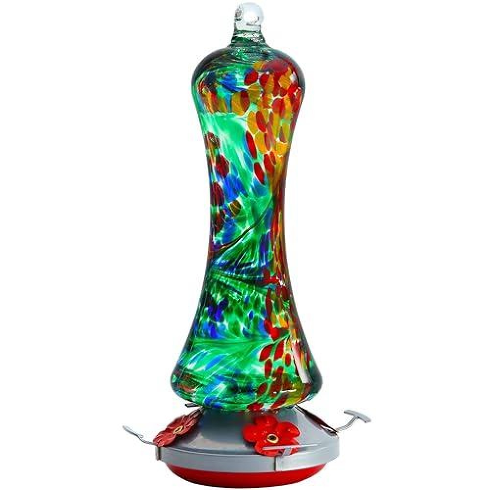 Glass Hummingbird Feeder For Outdoors: Window Hanging Hummingbirds Gifts For Women - Ant Moat Included  Metal Base With 4 Feeding Ports & Perch  Leak Proof  38 Fl.Oz  Best Garden Decor