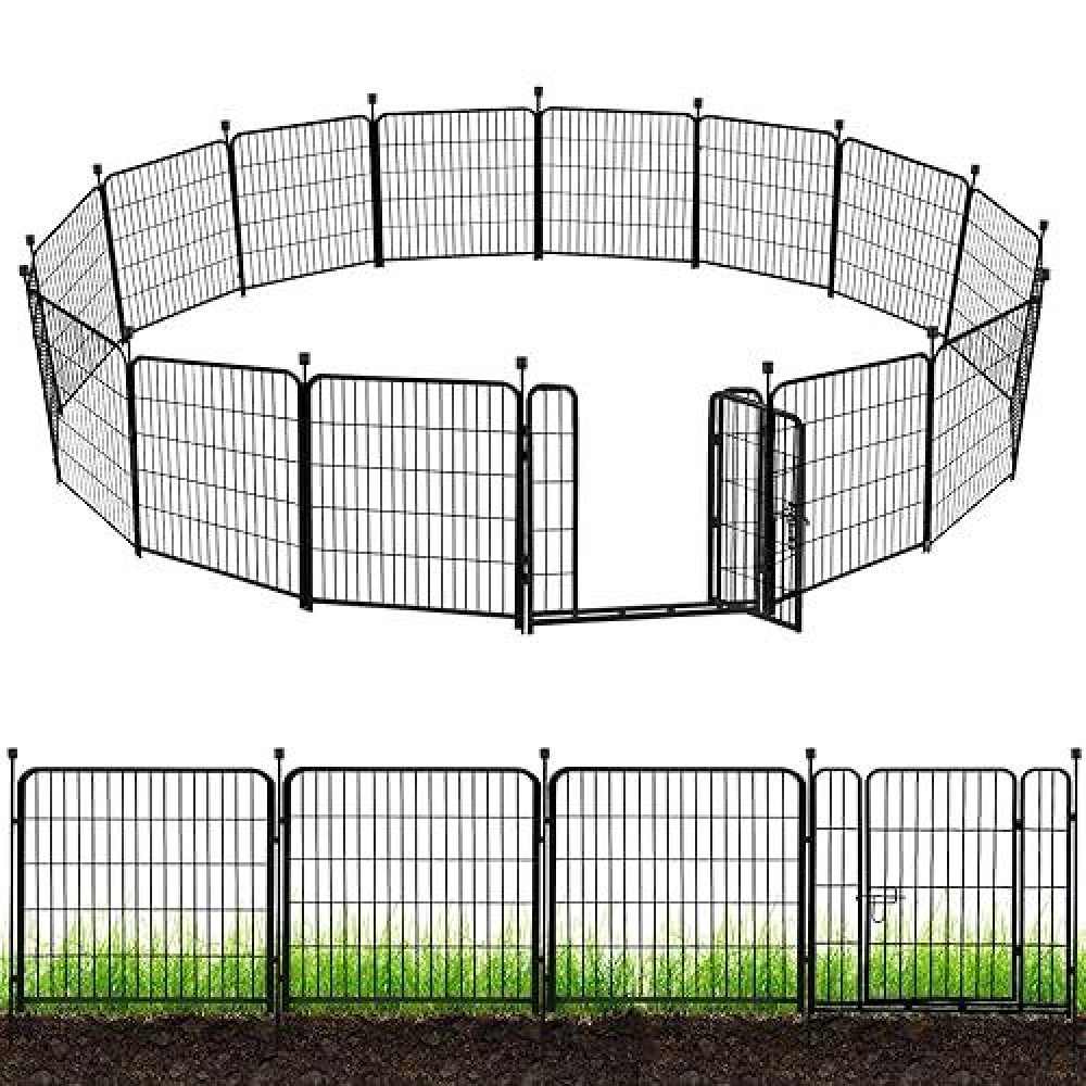 Adavin 32 Inh Garden Fence With Gate 14 Panels Heavy Duty Iron Metal Animal Barrier Fence Indoor Dog Playpen Camping Fence