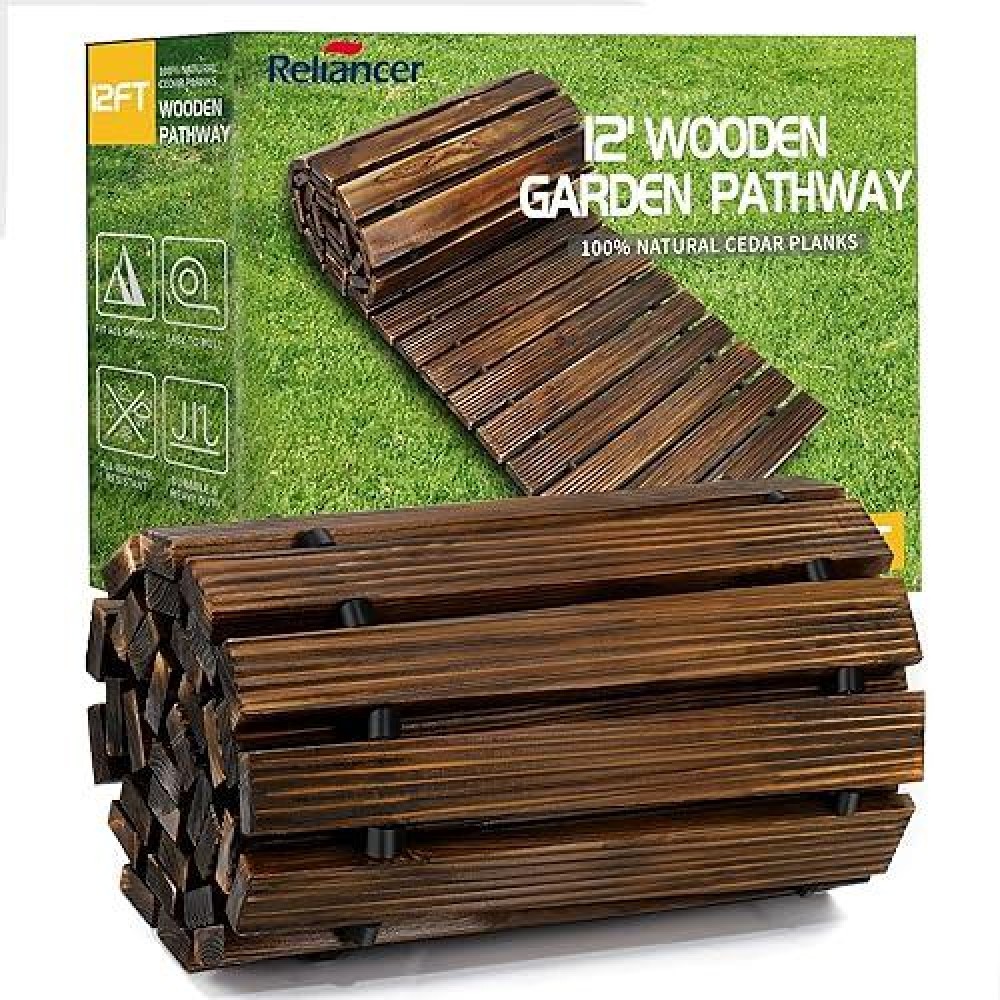 Reliancer 12 Wooden Garden Pathway Outdoor Roll Out Cedar Straight Walkway Patio Path Decorative Garden Boardwalk Walkways Weat