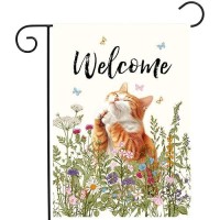 Spring Cat Garden Flags For Outside Summer Flower Garden Flag Floral Orange Cat Flag Welcome Yard Flags 12X18 Double Sided Mini