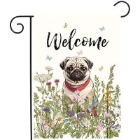 Spring Summer Flower Garden Flag Pug Outdoor Flag Floral Dog Garden Flags For Outside Small Yard Welcome Flags 12X18 Double Side