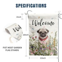 Spring Summer Flower Garden Flag Pug Outdoor Flag Floral Dog Garden Flags For Outside Small Yard Welcome Flags 12X18 Double Side