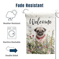 Spring Summer Flower Garden Flag Pug Outdoor Flag Floral Dog Garden Flags For Outside Small Yard Welcome Flags 12X18 Double Side