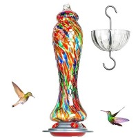 Hummingbird Feeders For Outdoors Hanging Hand Blown Glass 26 Oz Nectar Capacity 5 Flower Ports 8 Oz Ant Moat Unique Backyard