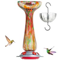 Hummingbird Feeder Hand Blown Glass Large 27 Floz Never Fade 5 Feeding Ports Includes An Ant Moat Metal Hook Hanging Wires