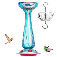 Hummingbird Feeder Hand Blown Glass Large 27 Floz Never Fade 5 Feeding Ports Includes An Ant Moat Metal Hook Hanging Wires