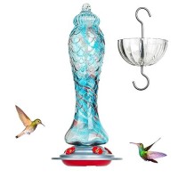 Hummingbird Feeders For Outdoors Hanging Hand Blown Glass 26 Oz Nectar Capacity 5 Flower Ports 8 Oz Ant Moat Unique Backyard