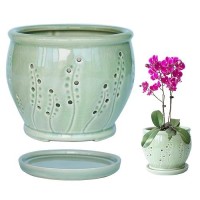 Pavtner Ceramic Orchid Pot 6.3 Inch  Orchid Pots With Holes  Large Orchid Pot For Repotting  Ventilation Holes Breathable For Roots  Durable Ice-Cracked Glaze Ceramic Planter Pot (Grass Green)