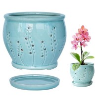 Orchid Pot 6.3 Inch  Orchid Pots With Holes & Saucer  Orchid Pot For Repotting  Beatiful Ice Cracked Glaze Ceramic Plant Pot Indoor Planter  Breathable Slotted Orchids Planter(Water Blue)