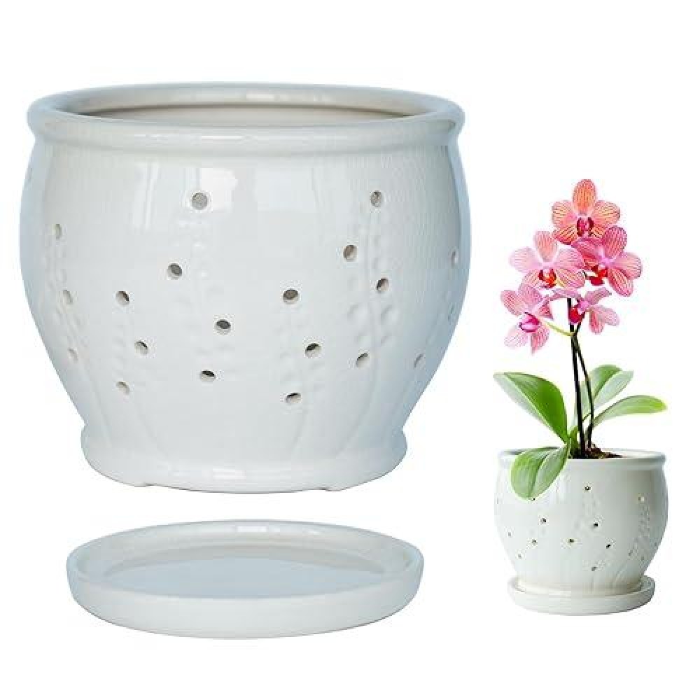 6 Inch Orchid Pot For Repotting  Orchid Pots With Holes  Ceramic Succulent Pot Planters  Beatiful Ice Cracked Glaze Ceramic Plant Pot Indoor Outdoor  Breathable Slotted Orchids Planter (Off White)