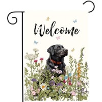 Spring Summer Garden Flag Floral Black Lab Yard Flag Flower Labrador Dog Garden Flags For Outside Small Outdoor Welcome Flags 12