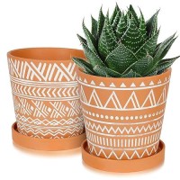 Buymax 6 Inch Planters For Indoor Plants Ceramic Plant Pots With Drainage Holes And Saucers  Boho Plant Pots Modern Geometric Pattern Flower Pot  Set Of 2 - Terracotta