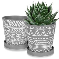 Buymax 6 Inch Plant Pots Indoor Ceramic Plant Pots With Drainage Holes And Saucers  Boho Plant Pots Modern Geometric Pattern Flower Pot  Set Of 2 - Cement Gray