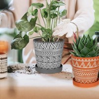 Buymax 6 Inch Plant Pots Indoor Ceramic Plant Pots With Drainage Holes And Saucers  Boho Plant Pots Modern Geometric Pattern Flower Pot  Set Of 2 - Cement Gray