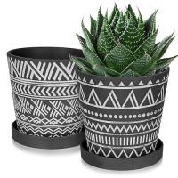 Buymax 6 Inch Plant Pots Indoor  Black Plant Pots With Drainage Holes And Saucers  Boho Plant Pots Modern Geometric Pattern Flower Pot  Set Of 2