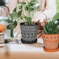 Buymax 6 Inch Plant Pots Indoor  Black Plant Pots With Drainage Holes And Saucers  Boho Plant Pots Modern Geometric Pattern Flower Pot  Set Of 2