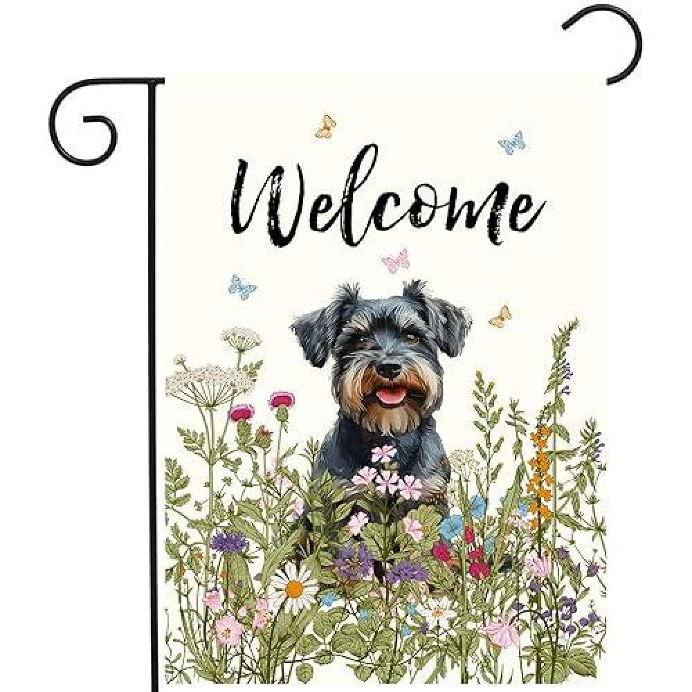 Spring Summer Garden Flag Floral Schnauzer Yard Flag Flower Dog Garden Flags For Outside Small Outdoor Welcome Flags 12X18 Doubl