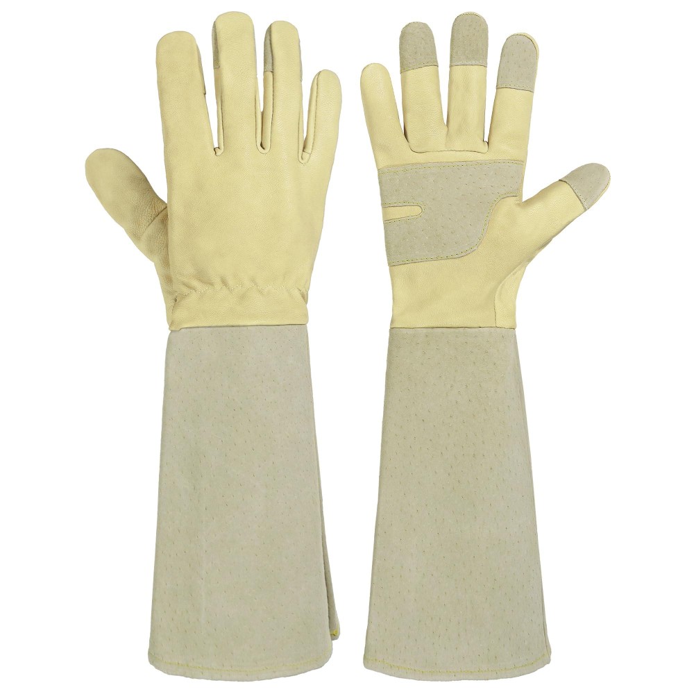 Handlandy Pruning Gloves Long For Men Women Rose Thorn Proof Gardening Gloves Gardening Gifts For Gardeners Beige Goatskin