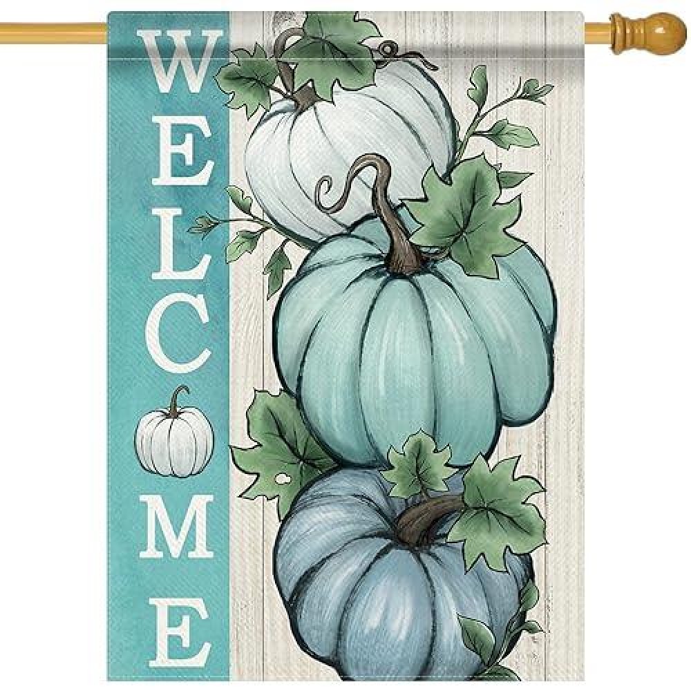 Covido Welcome Fall Teal White Pumpkins Decorative House Flag Autumn Farmhouse Seasonal Garden Yard Outside Decorations Thanks