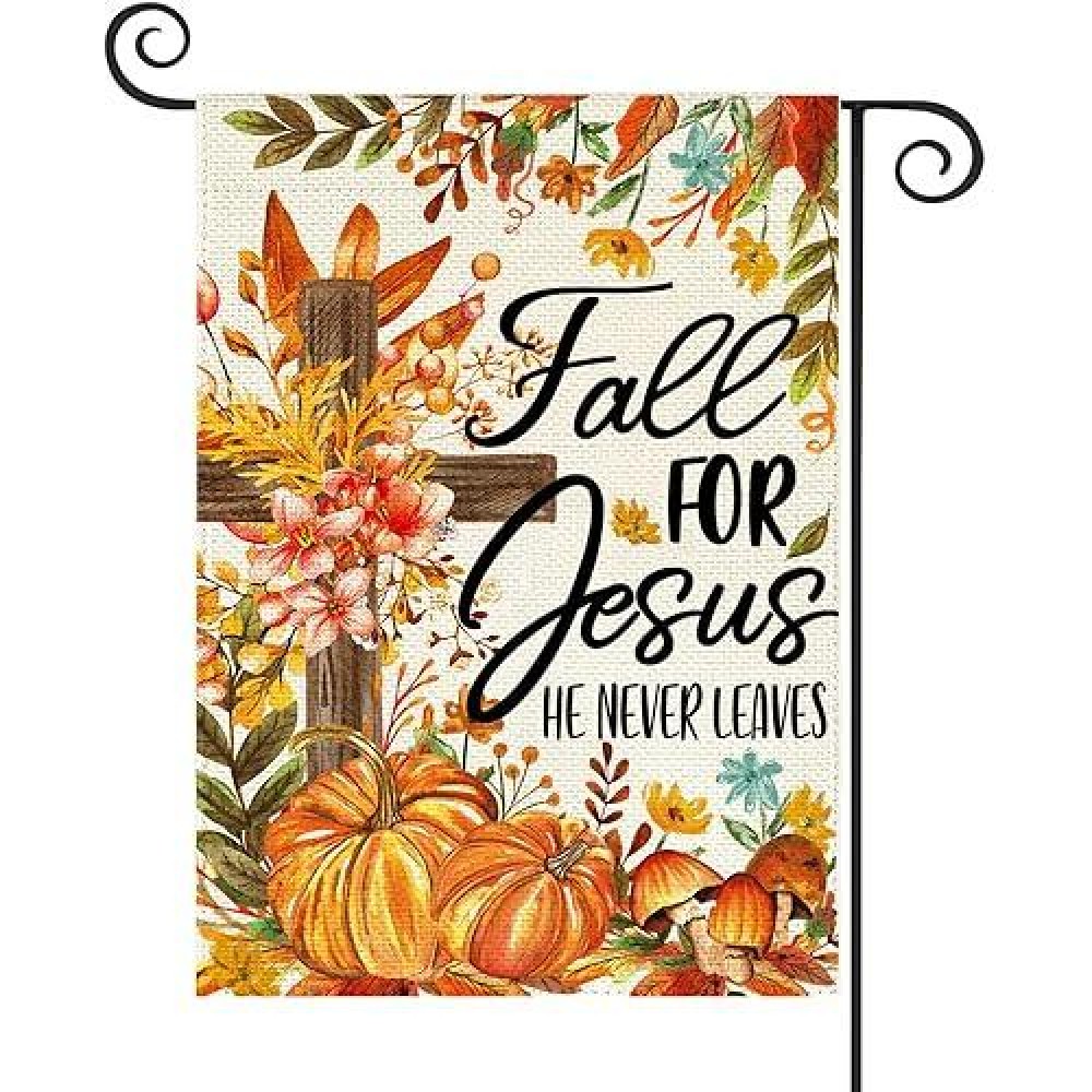 Baccessor Fall Thanksgiving Pumpkins Garden Flag 12.5 X 18 Inch Double Sided Harvest Autumn For Jesus He Never Leaves Small Burlap Flag Seasonal Holiday Outside Patio Outdoor Decoration