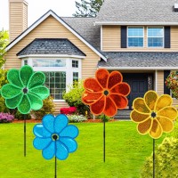 4Pcs Flower Wind Spinner Sparkly Lawn Pinwheel 118 Inch Colorful Green Yellow Orange Light Blue Garden Windmill For Garden Par