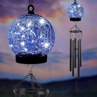 Wind Chimes Outdoor Solar Lights 42 Inch Large Sympathy Chime 15 Blue Leds Crackled Glass Ball Birthday Gifts For Women Decorat