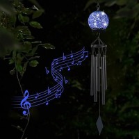 Wind Chimes Outdoor Solar Lights 42 Inch Large Sympathy Chime 15 Blue Leds Crackled Glass Ball Birthday Gifts For Women Decorat