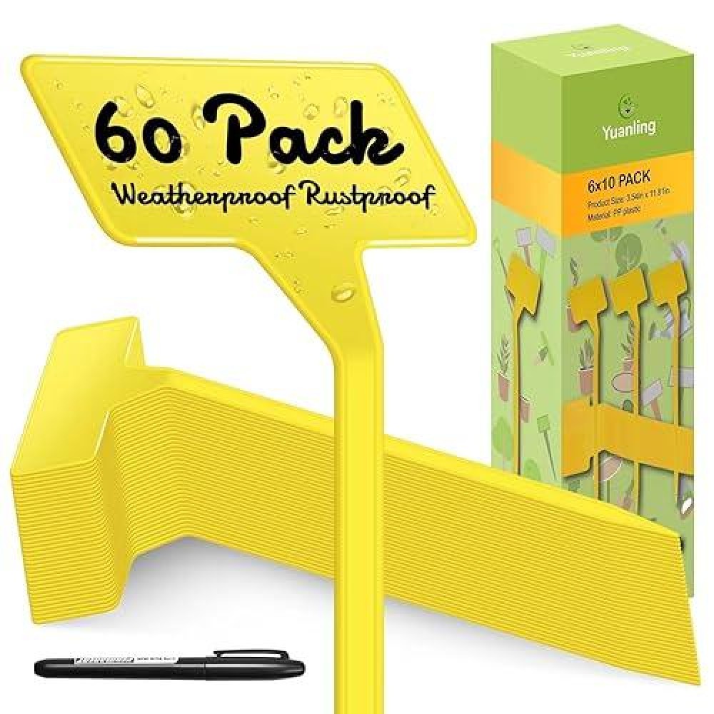 Yuanling 60 Pcs Large Plant Label 11.8 Inch Plant Markers Signs Plastic Waterproof Garden Label Stakes T-Type Plant Garden Tags With Marker Pen For Flower Herb Pot Plant (Yellow)