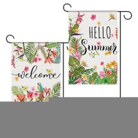 2 Packs Hello Summer Tropical Floral Parrot Garden Flag 12X18 Inch Double Sided Welcome For Seasonal Porch Lawn Outdoor Yard Decoration