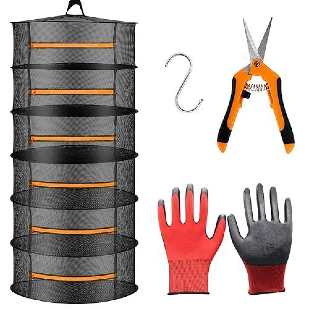 Snnrsutu 2Ft 6 Layer Orange Zippered Herb Drying Rack Hanging Dryer Dry Net For Hydroponics Plant With Scissors And Gloves