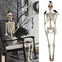 Drdudu 5Ft Skeleton Life Size Halloween Decor With 3 Pcs Crows Large Posable Skeletons With Glowing Eyes Indoor Outdoor Hallo