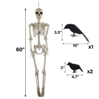 Drdudu 5Ft Skeleton Life Size Halloween Decor With 3 Pcs Crows Large Posable Skeletons With Glowing Eyes Indoor Outdoor Hallo