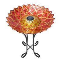 Teamson Home Dahlia 4849001 Shaped Fusion Glass Birdbath With Solarpowered Light And Foldable Metal Stand With Ground Hook 17