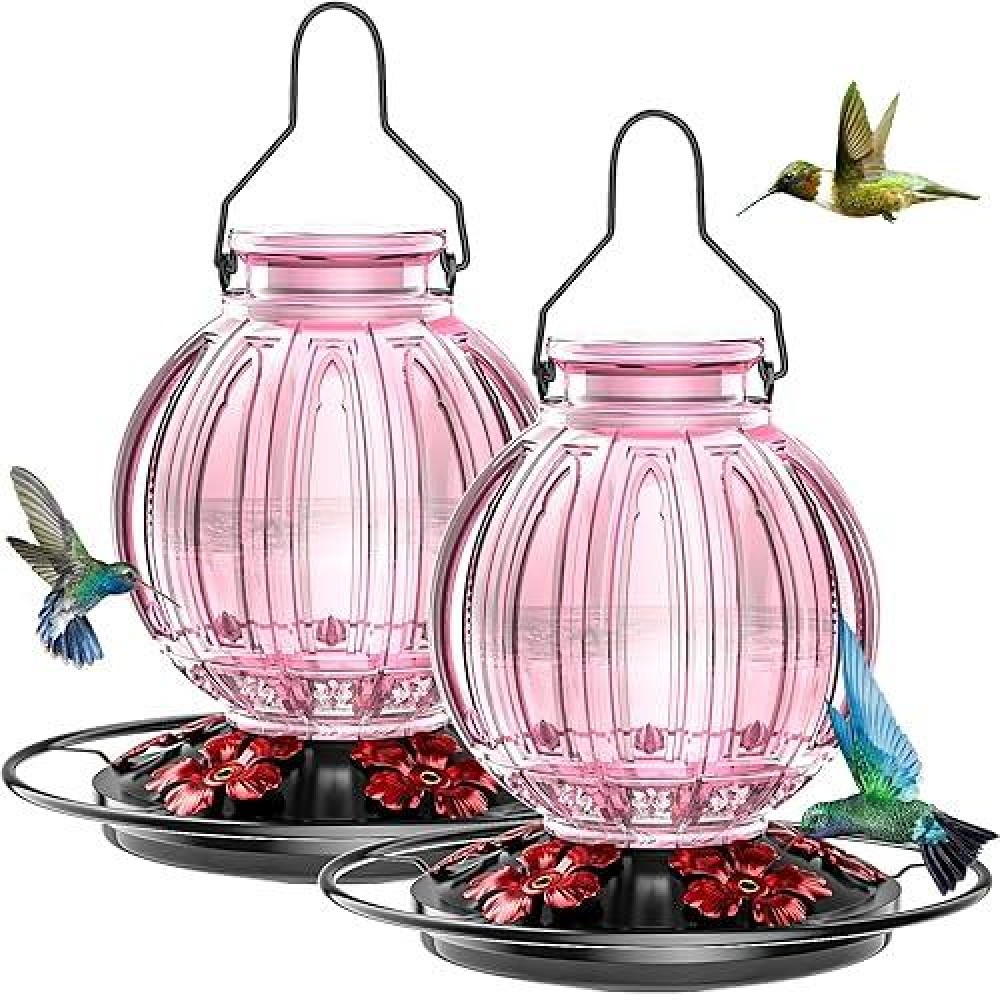 2 Pack Glass Hummingbird Feeder For Outdoors Hanging  Bird Nectar Feeder With Perch & 5 Flower Feeding Ports  26 Oz Leak Proof For Outside Garden Decor Backyard  Gifts For Women Mom  Pink