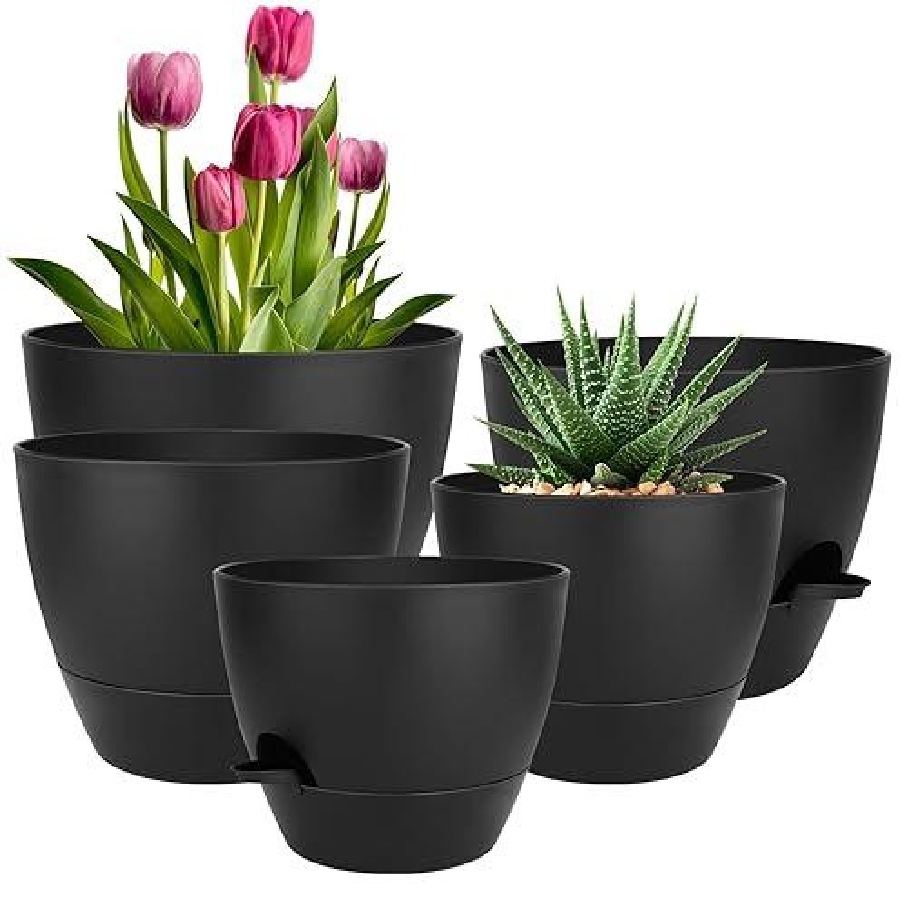 Qrrica Plant Pots 1098757 Inch Self Watering Pots Set Of 5 Plastic Planters With Drainage Holes And Saucers Plastic Flower