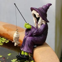 Jarpsiry Fishing Witch Statue Funny Halloween Decorations 47 Tall Sitting Witch Figurine Shelf Sitter Resin Sculpture For Ou