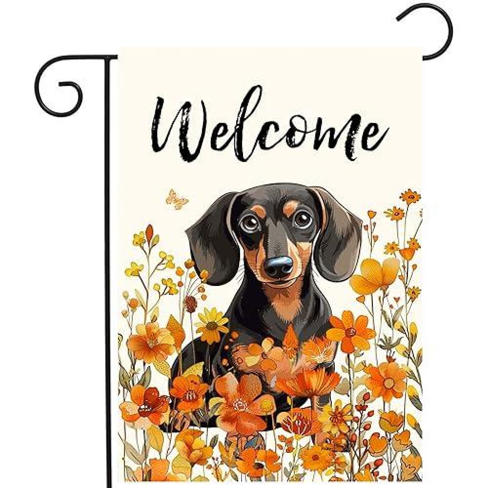 Floral Dachshund Garden Flag Fall Yard Flag Wildflower Dog Garden Flags Orange Autumn Lawn Flags Welcome Thanksgiving Outdoor Fl