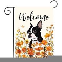 Floral Boston Terrier Garden Flag Fall Yard Flag Wildflower Dog Garden Flags Orange Autumn Lawn Flags Welcome Thanksgiving Outdo