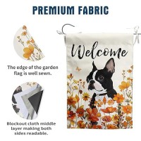 Floral Boston Terrier Garden Flag Fall Yard Flag Wildflower Dog Garden Flags Orange Autumn Lawn Flags Welcome Thanksgiving Outdo