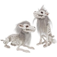 Drdudu 2 Pack Halloween Skeleton Wolf Decorations Life Size Animals Skeletons Poseable Halloween Decor Plastic Bones With Hair