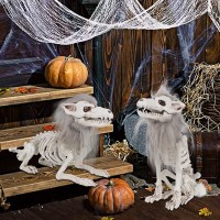 Drdudu 2 Pack Halloween Skeleton Wolf Decorations Life Size Animals Skeletons Poseable Halloween Decor Plastic Bones With Hair