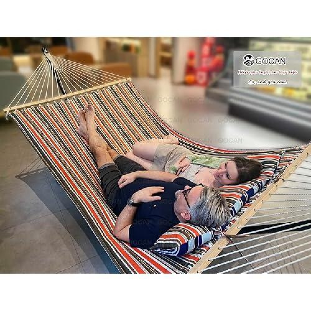 Gocan Quilted Fabric Double Hammock Wont Flip With Stand And Spreader Bars Safer And Sturdier Quality Hammocks For Outdoor Indo