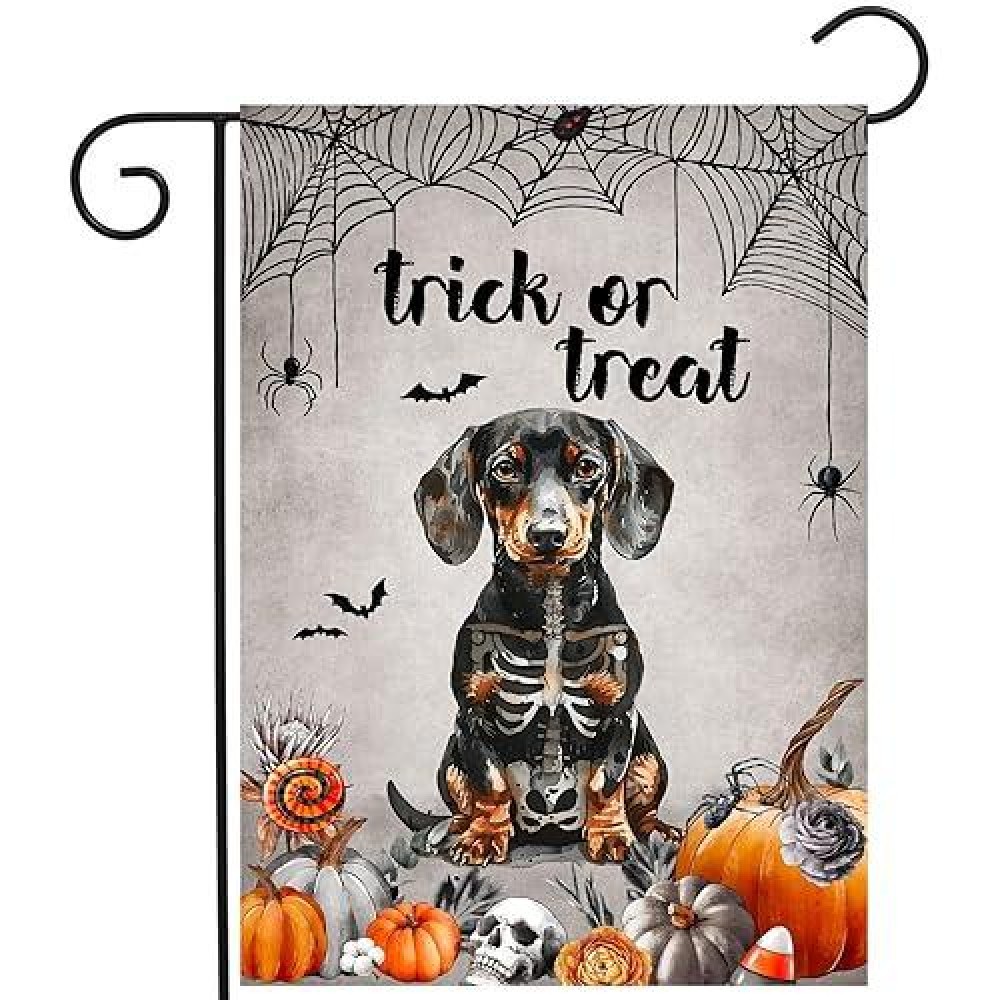 Halloween Dachshund Garden Flag Trick Or Treat Yard Flag Ghost Dog Garden Flags For Outside 12X18 Double Sided Small Dachshund S