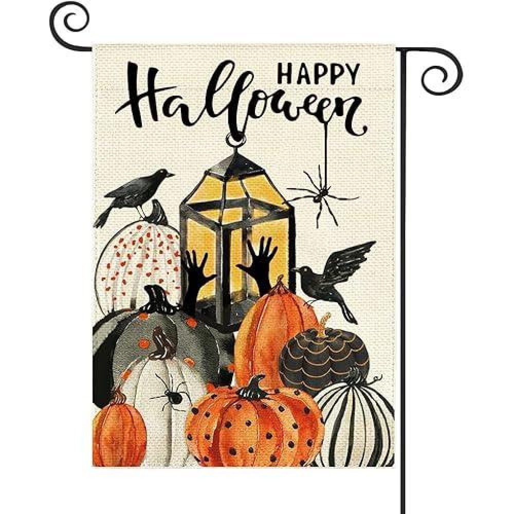 Baccessor Happy Halloween Small Garden Flag Spooky 12.5 X 18 Inch Double Sided Burlap Spooky Pumpkin Patch Hands Grabbing Lantern Yard Flag Holiday Seasonal Outdoor Outside Decoration