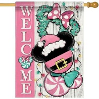 Covido Welcome Pink Christmas Cartoon Mouse Decorative House Flag Xmas Peppermint Candy Wreath Garden Yard Outside Decorations