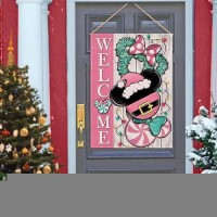 Covido Welcome Pink Christmas Cartoon Mouse Decorative House Flag Xmas Peppermint Candy Wreath Garden Yard Outside Decorations