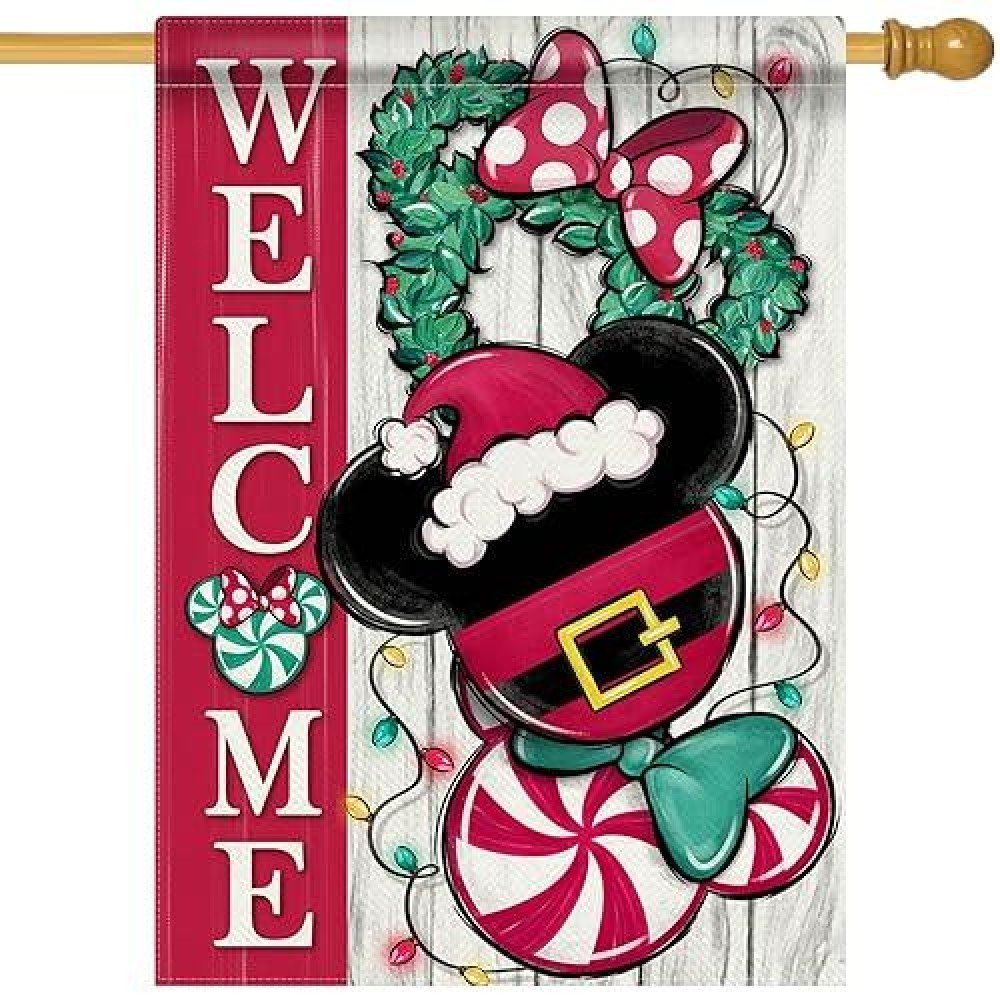 Covido Welcome Magenta Christmas Cartoon Mouse Decorative House Flag Xmas Peppermint Candy Wreath Garden Yard Outside Decoratio