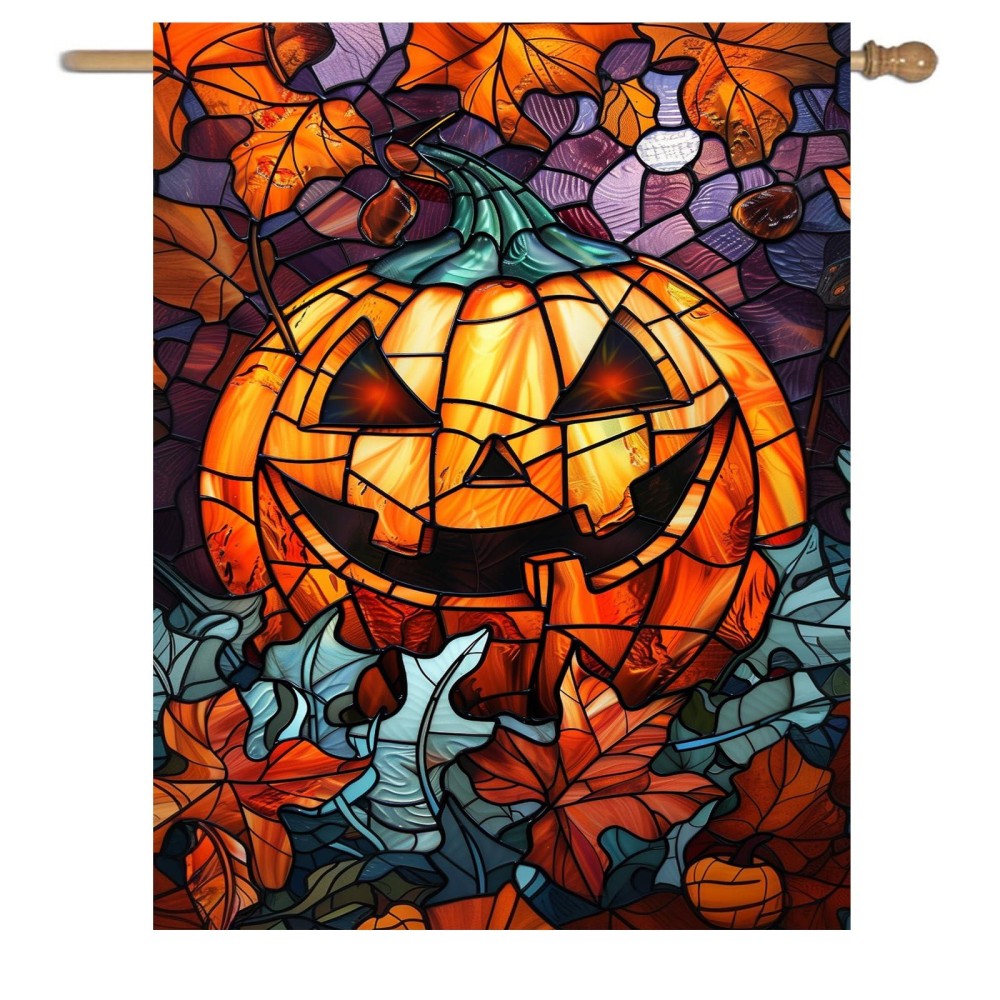 Spooky Pumpkin House Flag Scary Halloween Flags For Outside 28X40 Double Sided Large Stained Glass Fall Garden Flags Autumn Yard